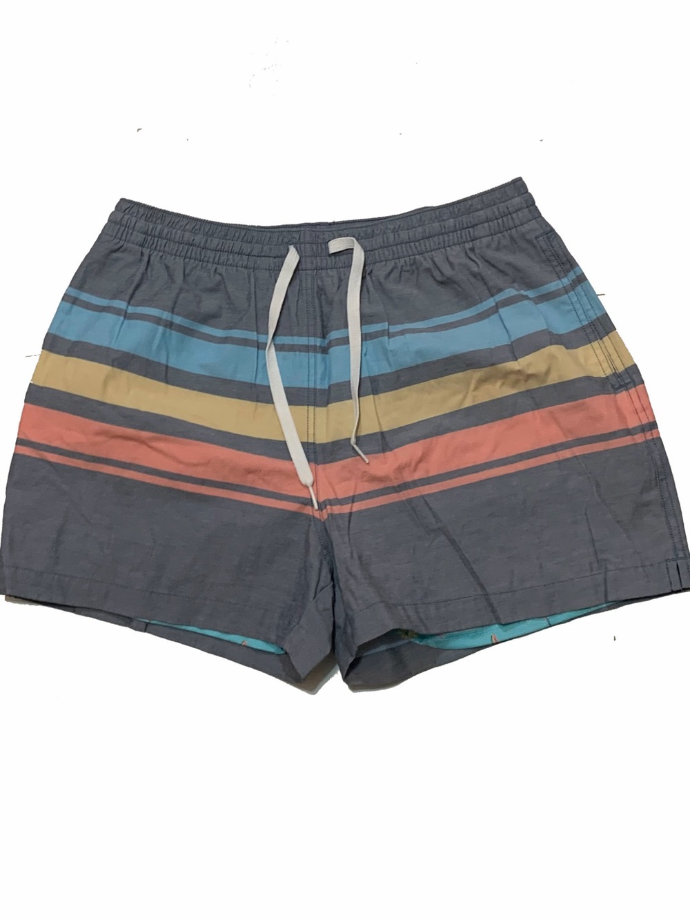 Chubbies Men's Striped Gray Swim Trunks - Blue, Yellow & Coral Stripes
Inseam 4